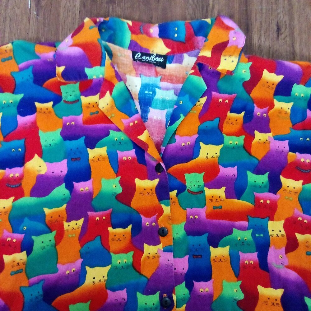 Vintage 80s Caribou New York Cat Kitten Rainbow Pattern Button Shirt